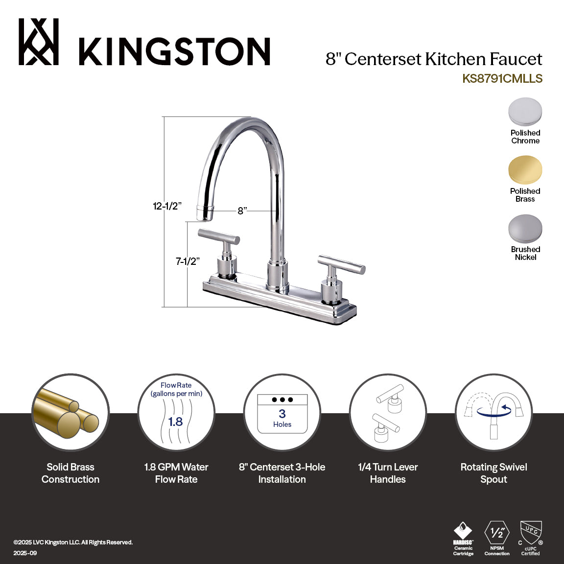 Kingston Sona KS8798CMLLS - Manhattan Two-Handle 3-Hole 8" Centerset Kitchen Faucet, Brushed Nickel — thumbnail 2